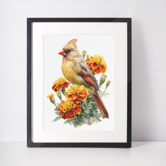 Watercolor Female Cardinal Bird with Marigolds Flowers Wall Art Print Unframed - Picture 3 of 7